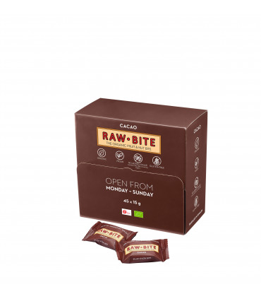 Pack de 45 mini barritas energéticas saludables de cacao. Rawbite