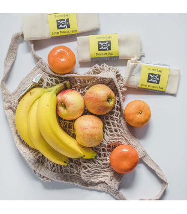 Bolsa de Red con Asa Corta de Algodón Orgánico con fruta
