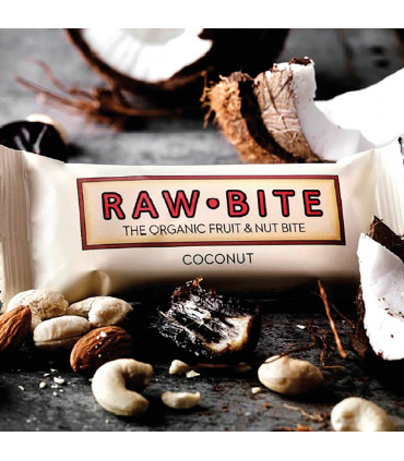 Foto creativa barrita energética de coco Rawbite