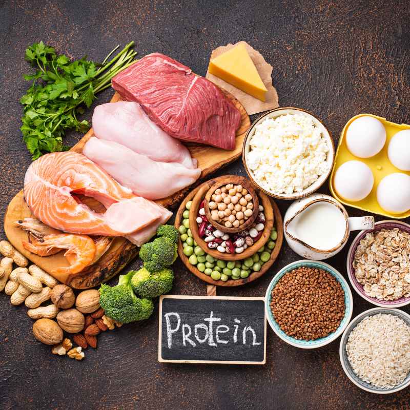 En la fotografía aparece diferentes alimentos ricos en proteína: carnes, pescados, legumbres, frutos secos, leche y huevo.